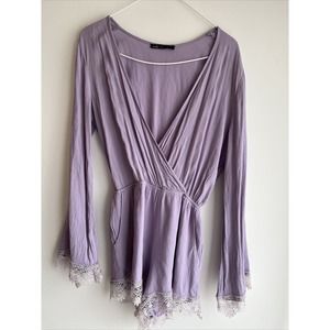 Maddy K Romper Size Small Lavender Wrap Deep V Long Sleeves Lace Trim Playsuit